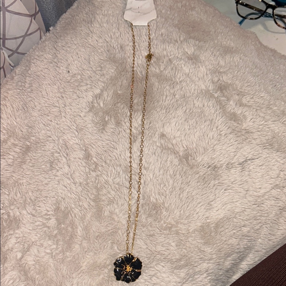 J. Crew Gold Necklace with Black Floral Pendant